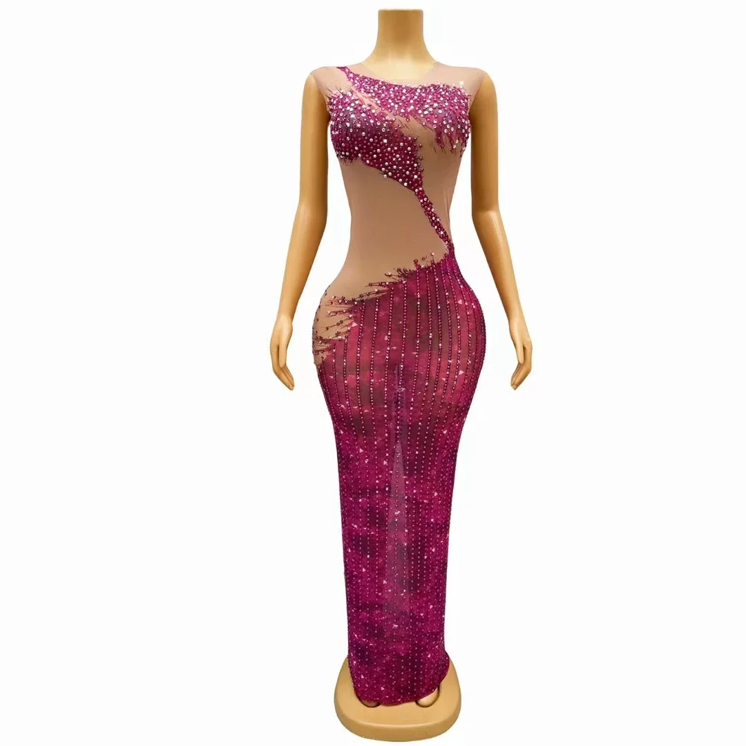 Pink Crystal Rhinestone Sleeveless Women Long Dress Stage Performance Costumes Fashion Sexy Lady Slim Fit Dress Party Prom Gowns