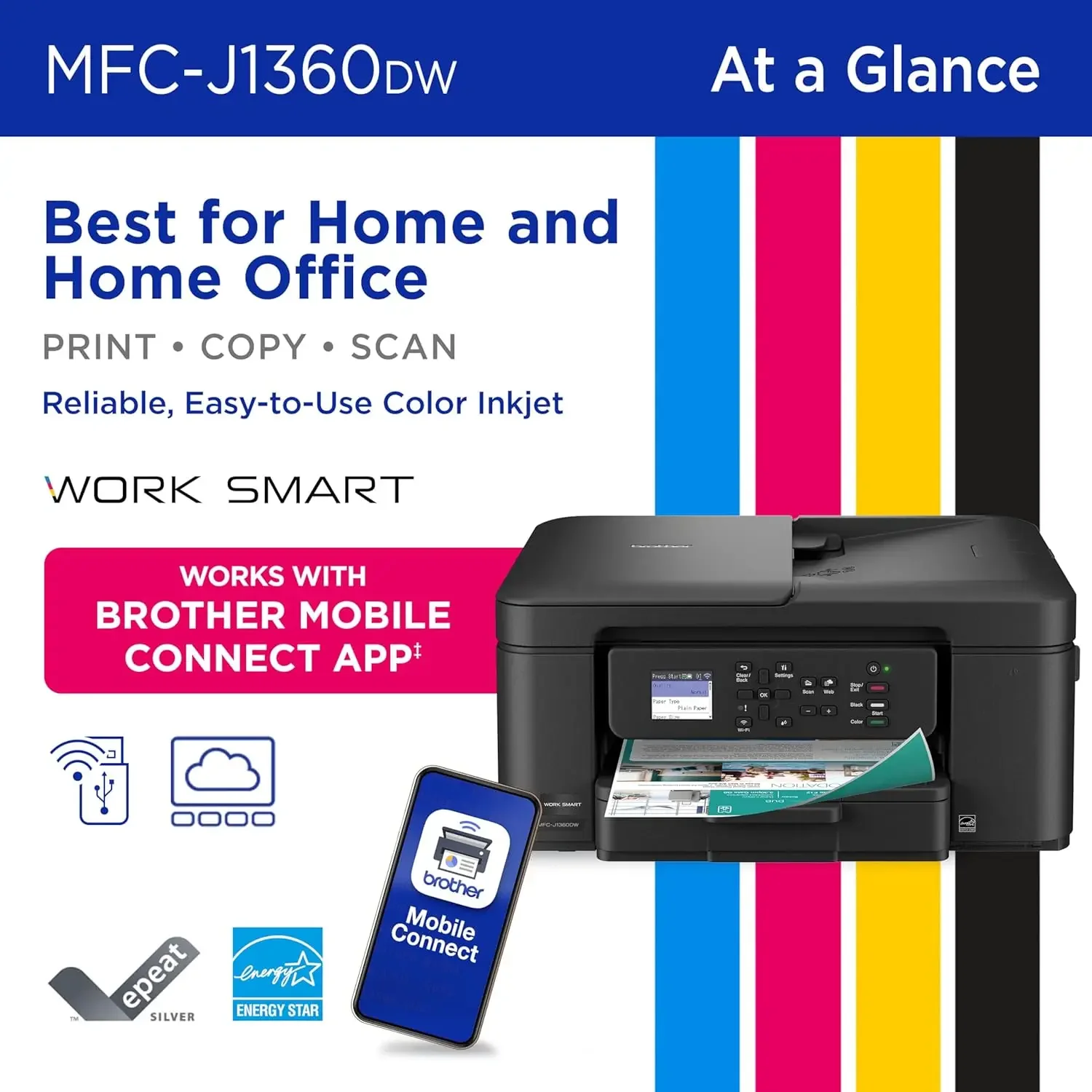 Work Smart 1360 Wireless Color Inkjet All-in-One Printer with Automatic Duplex Printing and 1.8” Color Display Includes Refresh