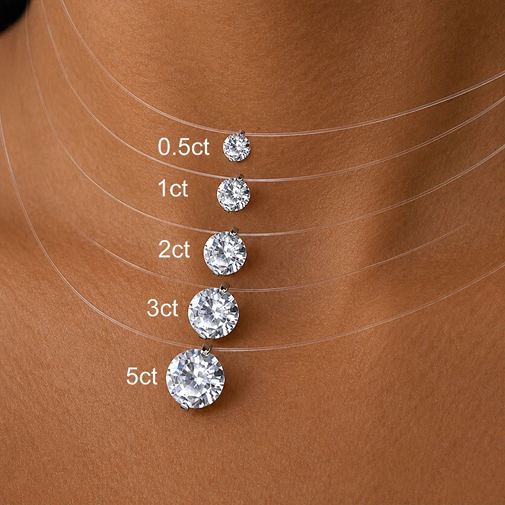 D VVS1 0.5-5CT Moissanite Diamond S925 Sterling Silver Invisible Transparent Fishing Line Clavicle Chain Necklace for Women