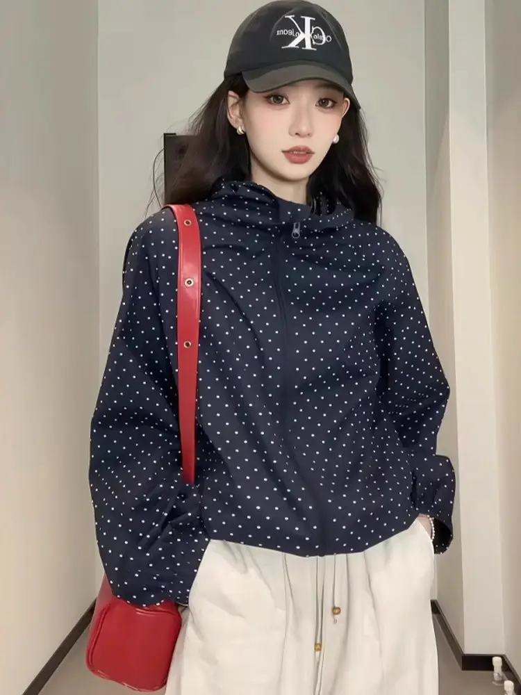 Prendas de abrigo con capucha y protección solar con estampado de puntos para mujer, cárdigan abierto informal fino, Top transpirable con cremallera, abrigo largo Sve