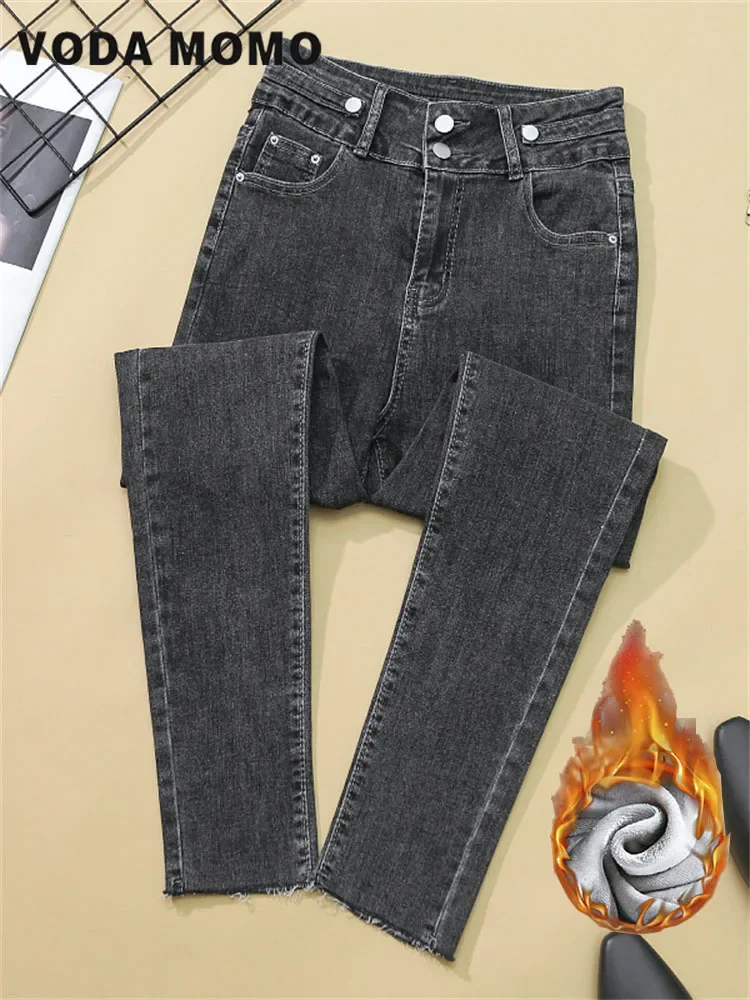 Casual High Waist Female Korean Thermal Straight Skinny Denim Trousers Y2k Leggings Jeans Women Velvet Thicken Warm Pencil Pants