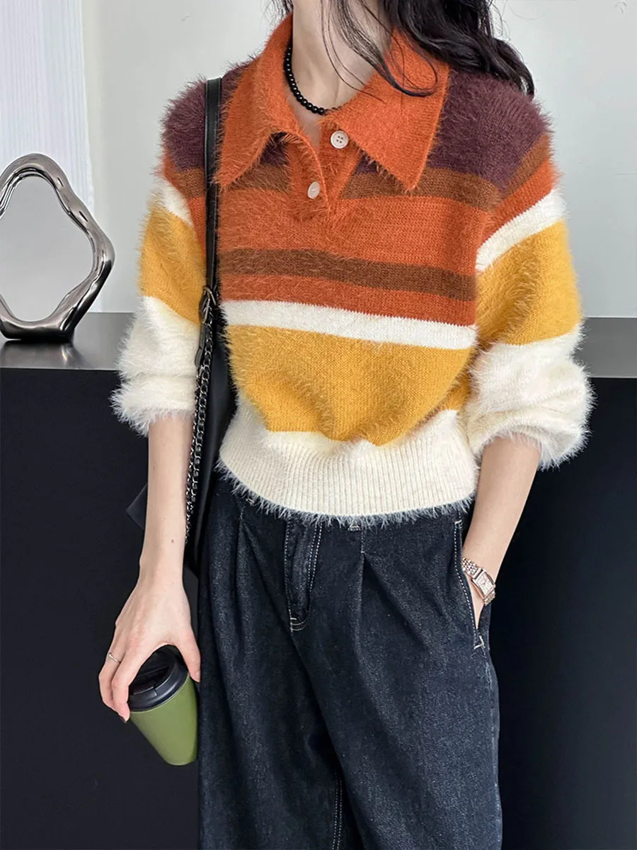 

Women Autumn Striped Design Knitted Furry Sweater And Pullovers Turn Down Collar Long Sleeve Women Pullovers Female Pull Femme