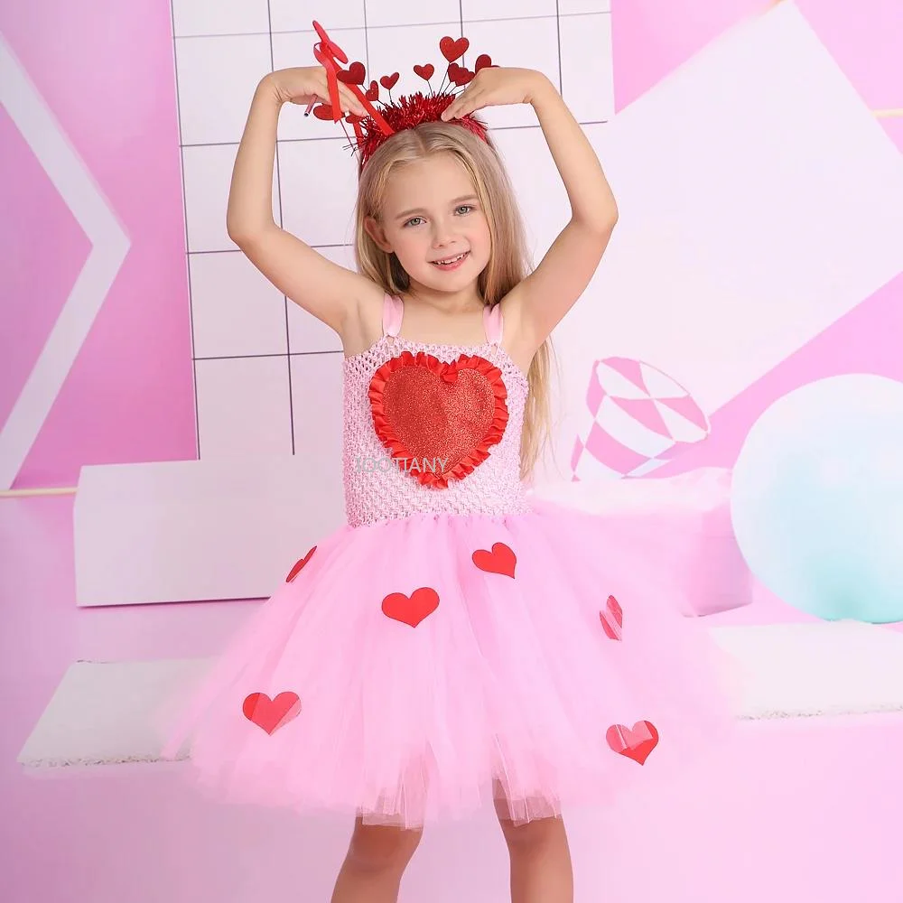 

2024 Valentine's Day Girl Cosplay Tutu Children's Birthday Cake Floral Tulle Dress Summer Love Children's Rave Party Dresses