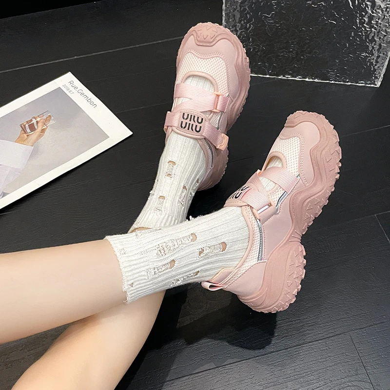 2024 Summer New Mary Jane Retro Ugly Women\'s Shoes Mesh Cloth Tire Thick Bottom Hollow Sports Sandals Anti-slip Wear Sneakers