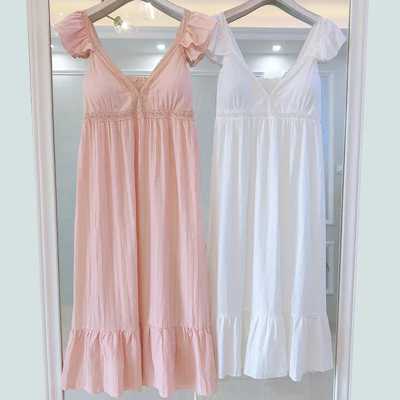 Women\'s Lolita Dress White Lace Sleeveless Princess Sleepshirts Vintage Lady Girls Nightgowns Nightdress Cute Pajamas Loungewear