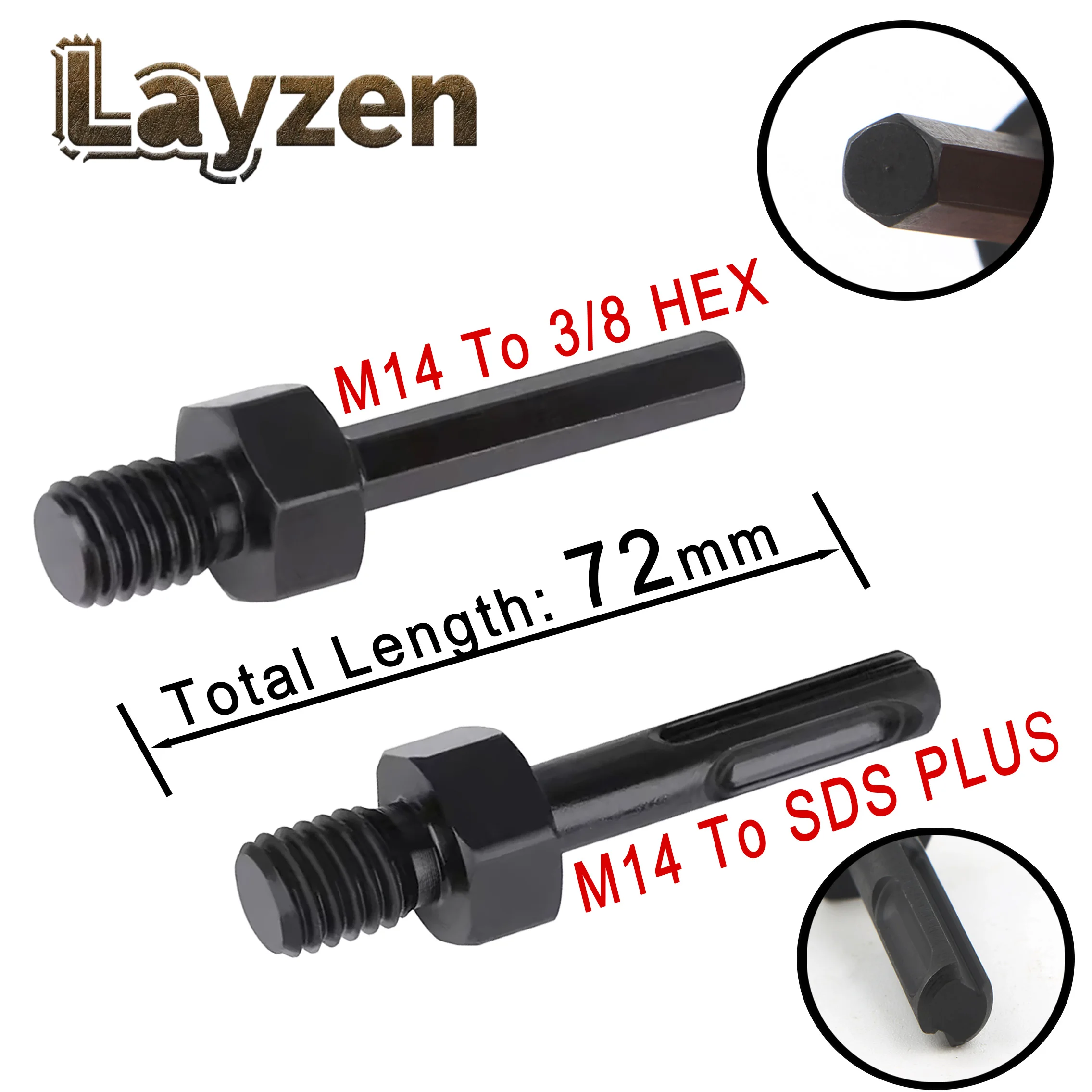 Layzen M14 Thread to 3/8 Hex & SDS Plus Shank Adapter 72mm for Diamond Core Bits Hole Saw Angle Grinder Power Tool Accessories
