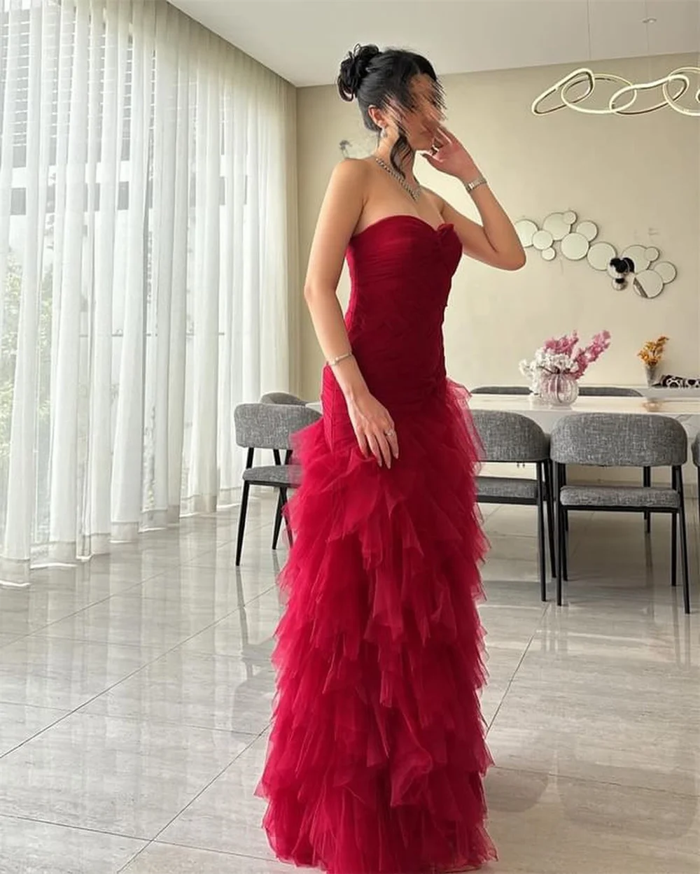 Customized Dress Dearin Strapless A-line Floor Length Open Back Skirts Tulle Layered Sleeveless Flouncing Bespoke