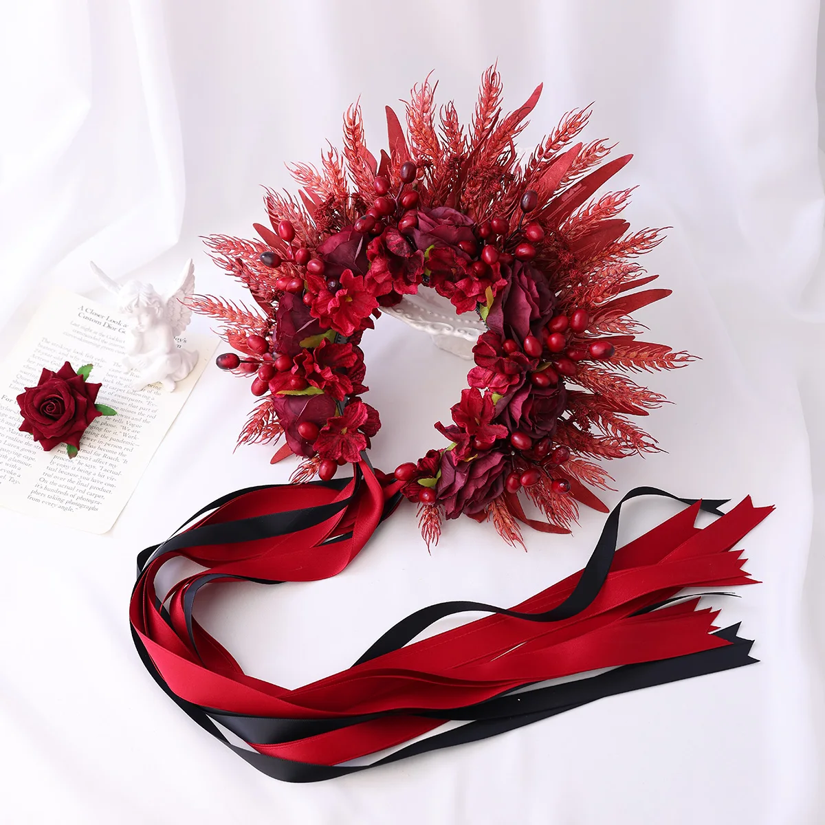 Handmade Red Artificial Flower And Wheat Ear Hairband With Long Silk Tassel Festive Accessory for Women