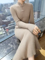 100% Mink Cashmere Knitted Dress Ladies Stand Collar Buckle Long Skirts Retro High Waist Over Knee Slim Dress New Thick Sweater