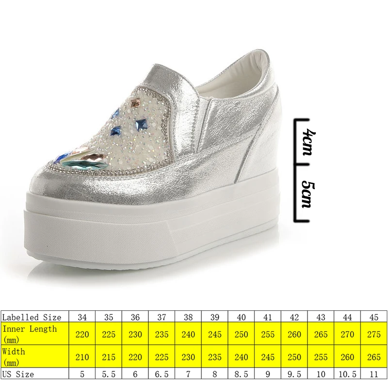 Fujin 9cm kobiety obuwie prawdziwej skóry Rhinestone platformy trampki na koturnie Chunky buty wiosna jesień Slip on Slipon buty