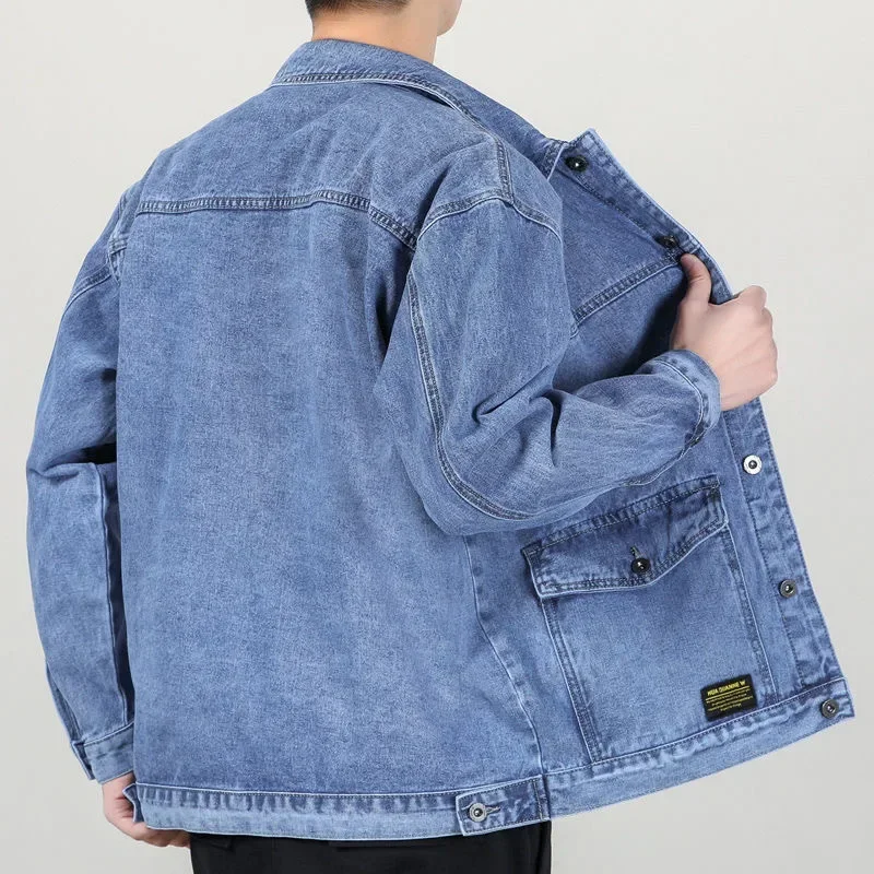 Spring Autumn New Fashion Men's Casual Trendy Multi Pocket Solid Color Denim Jacket Coat Loose Amaerican Jean Jacket  Male Tops
