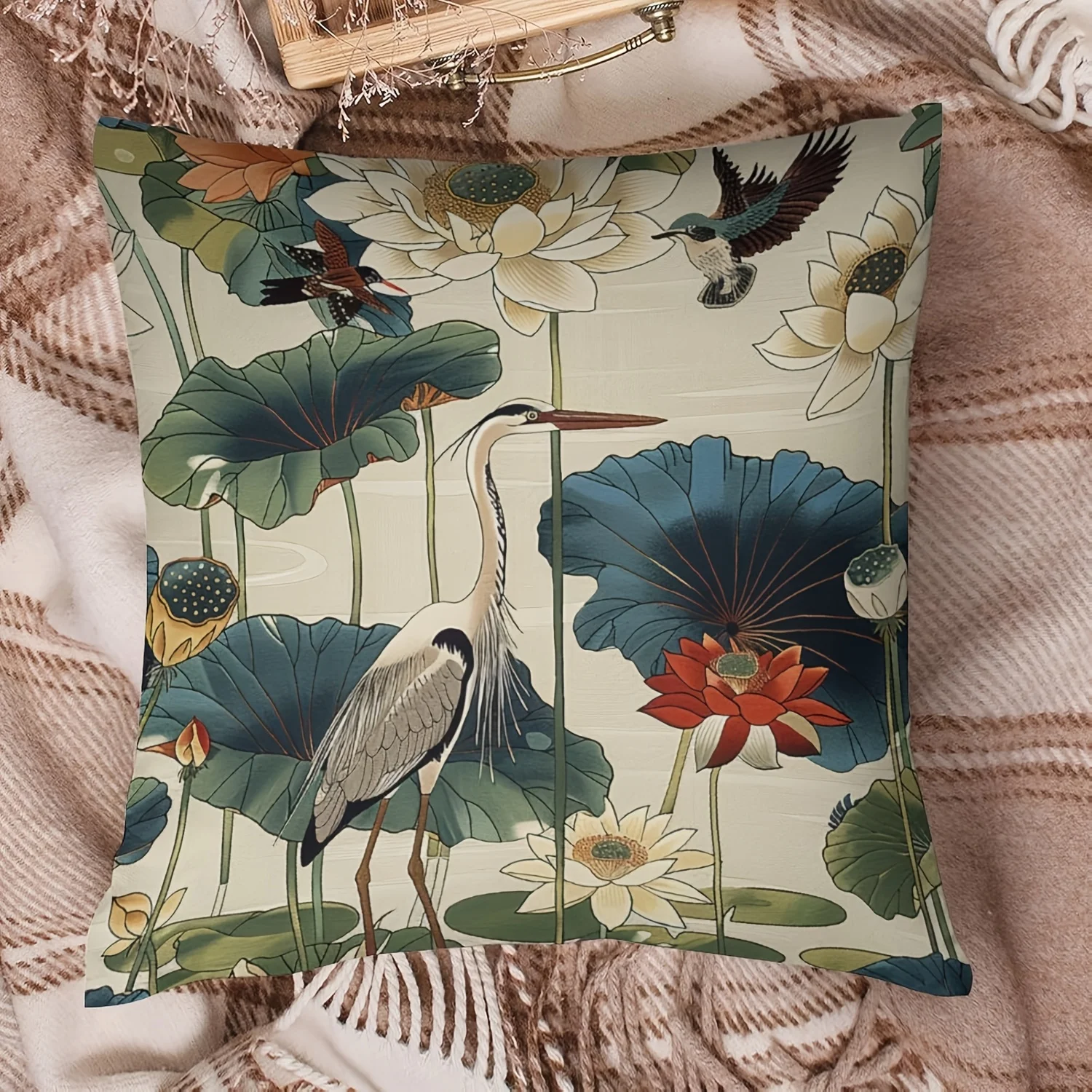 Chinoiserie Lotus Heron Throw Pillow Cover Vintage Watercolor Flower Bird Decorative Cushion Case for Sofa Couch  Home Decor