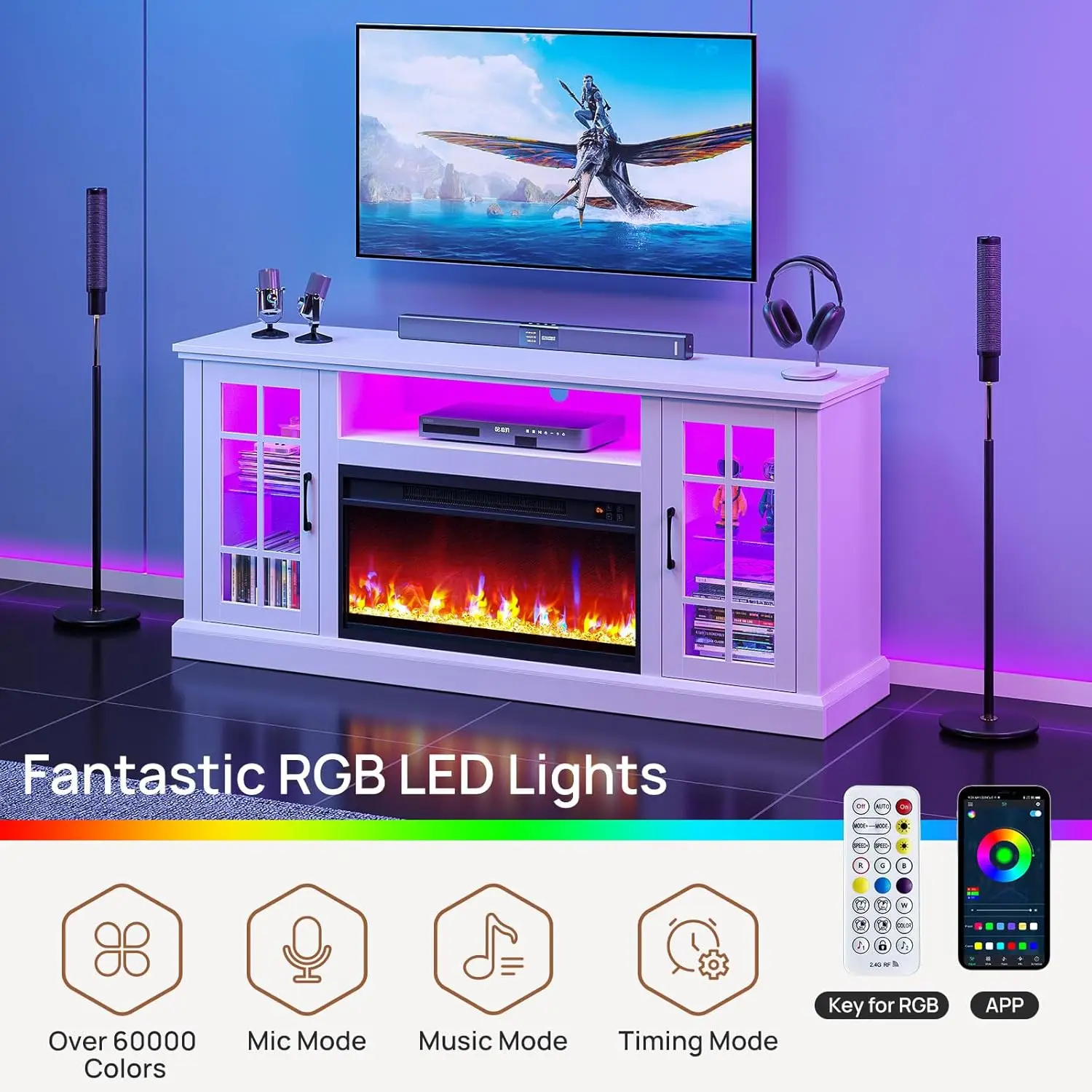 Rolanstar-Meuble TV avec LED et prises de courant, cheminée électrique, centre de divertissement blanc, 45, 50, 55, 60, 65/7