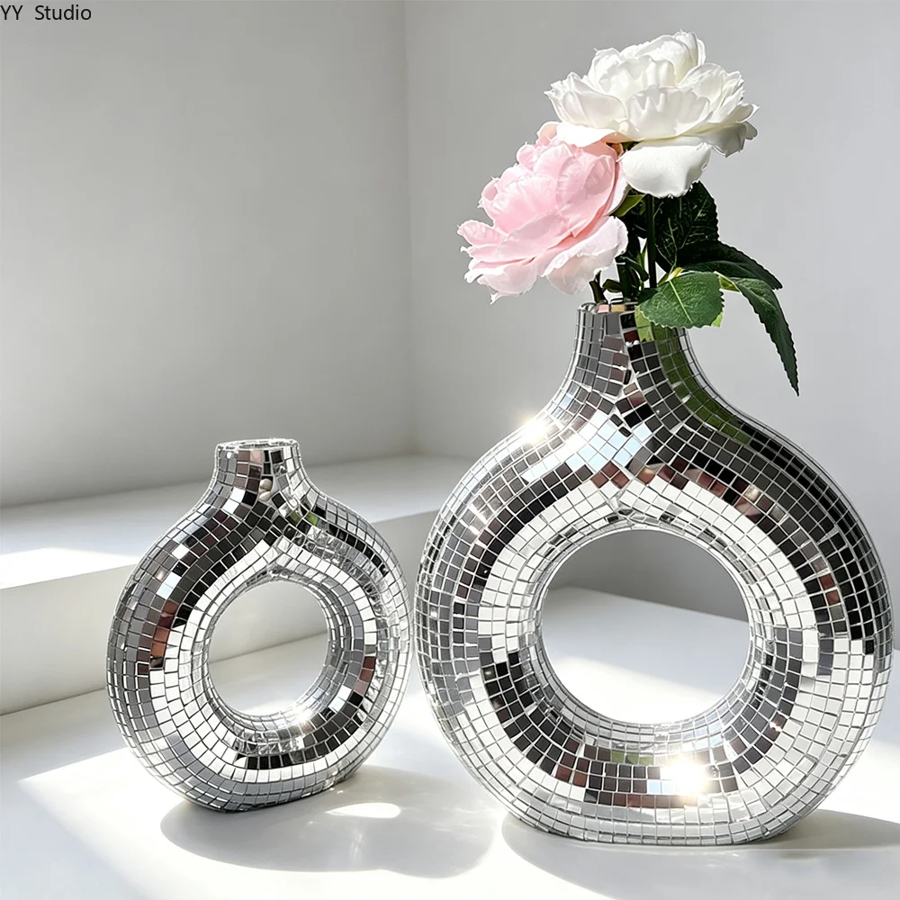 Creative Glass Mirror Vase Disco Doughnut Flower Pot Indoor Decoration Nordic Style Decorative Vase Flower Arranging Device