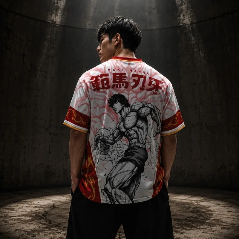 Anime Fighter Inspired V Neck Hockey Jersey, All Over Print Mesh Short Sleeve Uniform, Unisex Streetwear Sports Tee