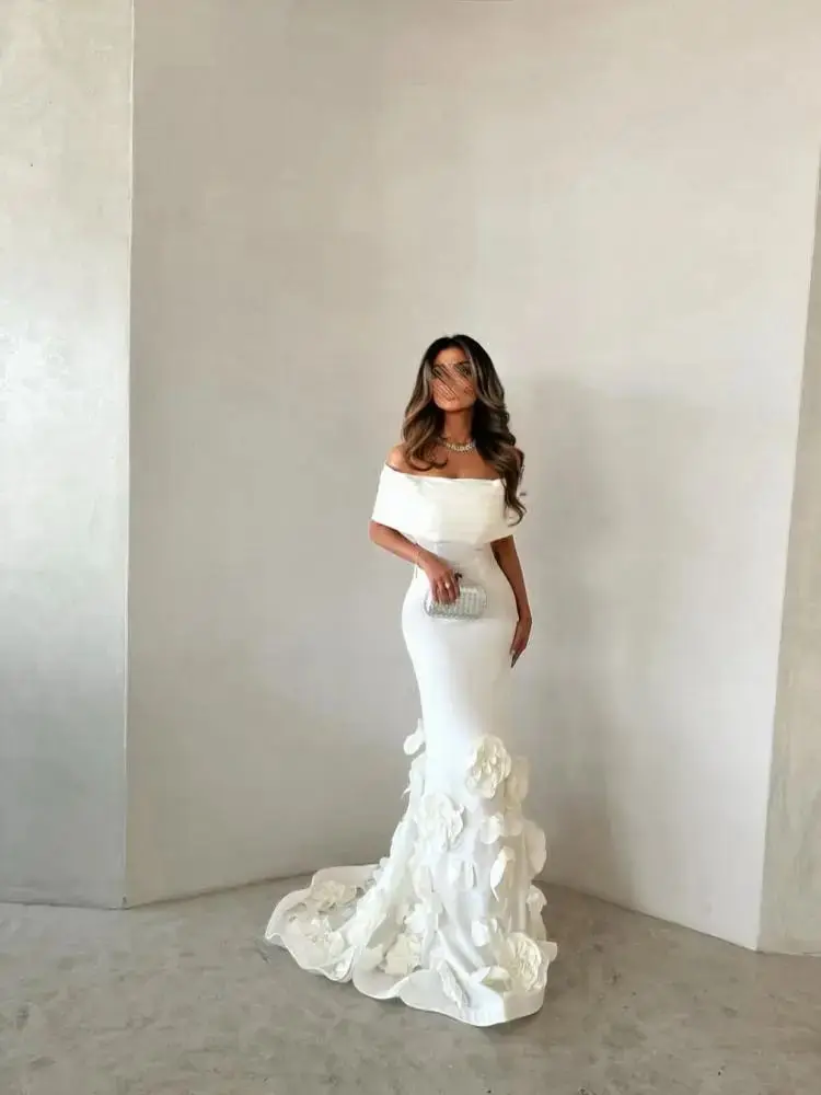 

Jirocum 3D Flower Off-Shoulder White Evening Dresses Mermaid Dress with Train for Formal Gala Prom Party Dresses