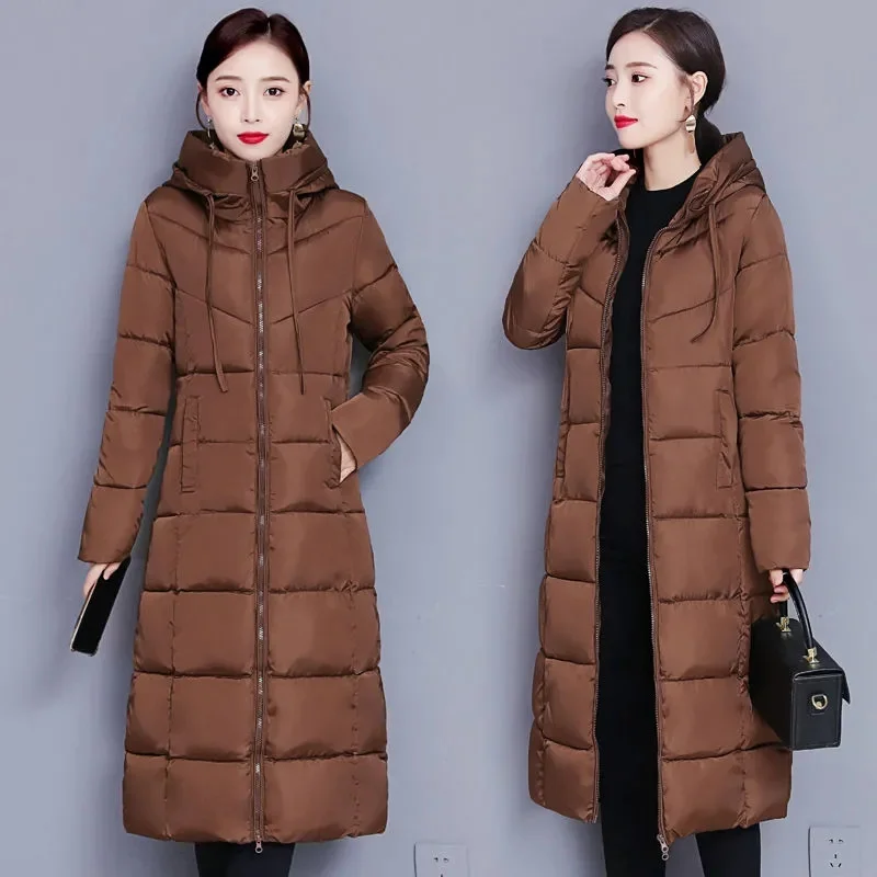 New Women's Long Down Cotton Coat Horn Buckle Winter Thick Warm Padded Jacket Female Korean Casual Hooded Parker Cotton Clothes