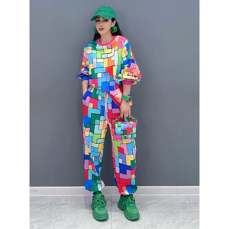 

2024 Autumn New Pant Set Women Full Sleeved T-shirt + Casual Pants Two Piece Set Colorful Printed Casual Fashion Loose LX1976