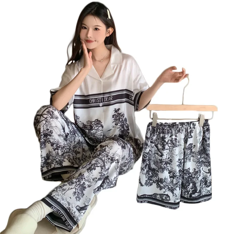 Ink Painting Style Short-sleeved Lapel Fashion Pajamas Summer Cool Loungewear Women\'s Three-piece Set Pajamas for Women Satin