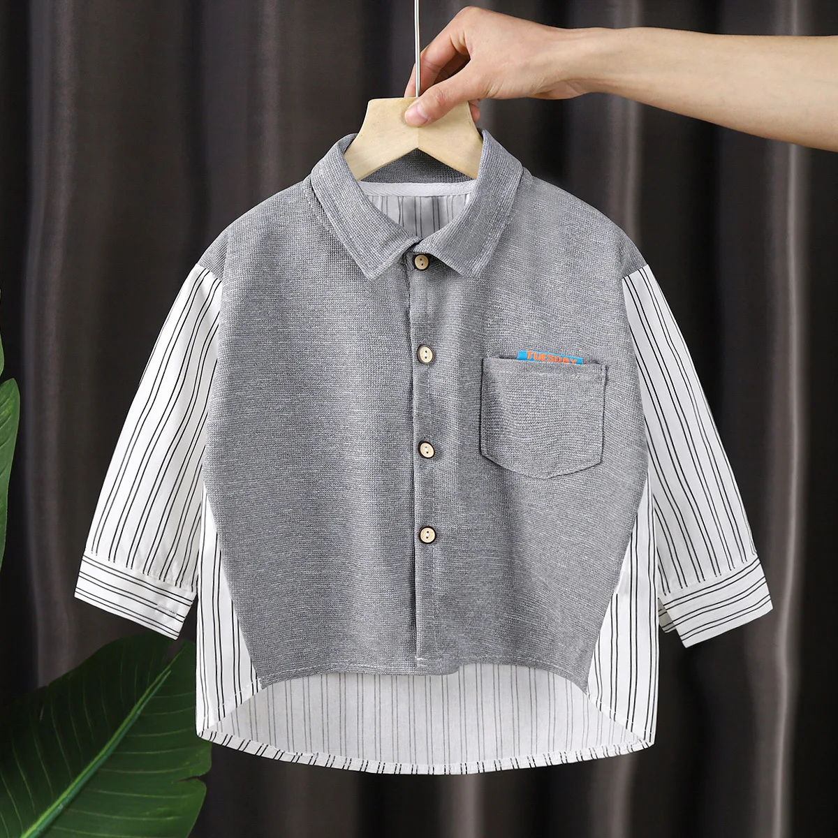 New 2023 Kids Single-breasted Long Sleeve Lapel Shirt Boys Autumn Fashion Striped Letter Print Shirts Tops Casual Clothing