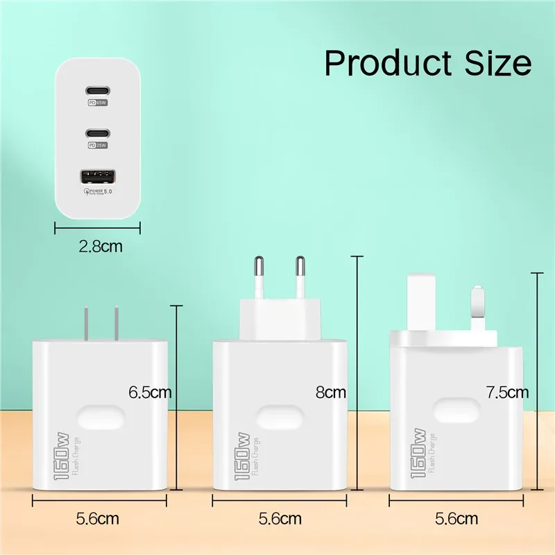 160W Fast Charger USB Type C Phone Charger Adapter Quick Charge QC 5.0 3.0 PD 65W Charger For iPhone iPad Samsung Huawei Xiaomi