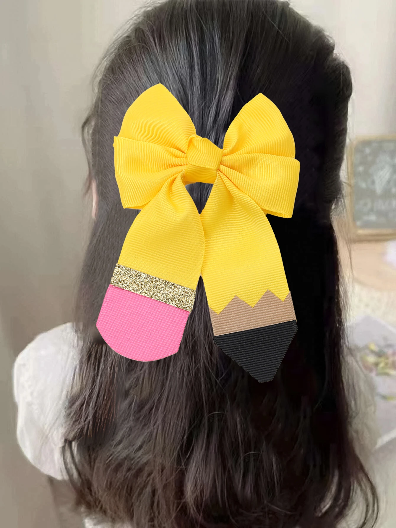 ncmama 2Pcs Back To School Yellow Pencil Shaped Ribbon Bow Hair Clip for Children Cute Glitter Hairpin Headwear Hair Accessories