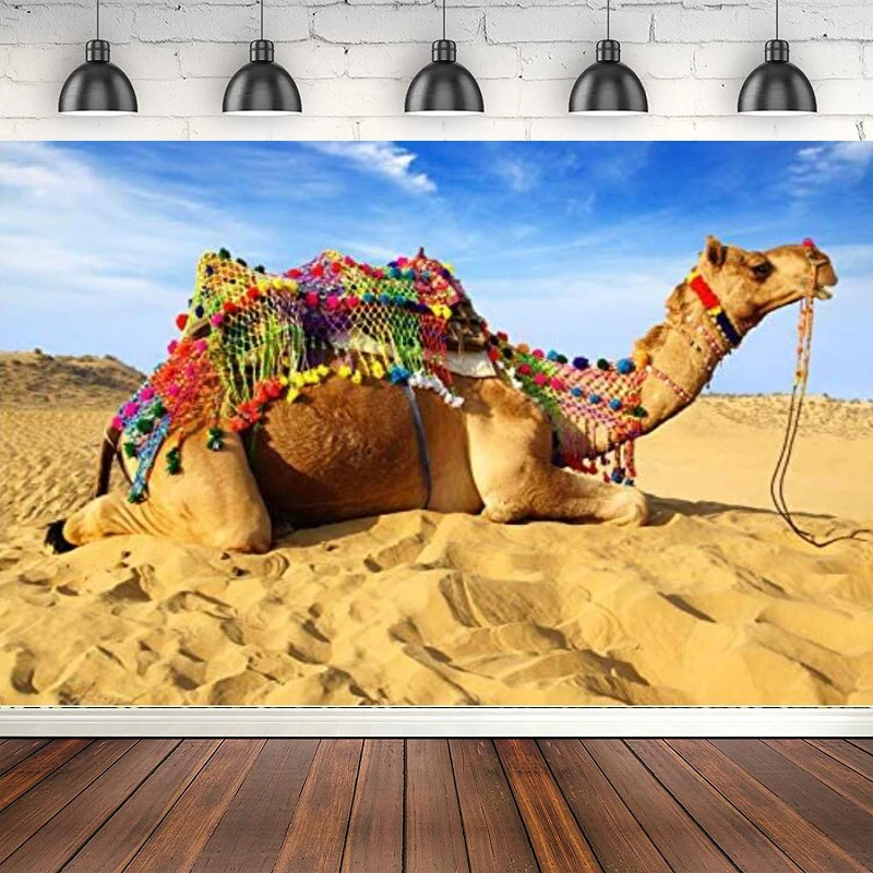 Fondo de fotografía Camel Desert Dune Blue Skies nube blanca arena seca caravana fondo para estudio de sesión de fotos de cabina de fotos de adultos