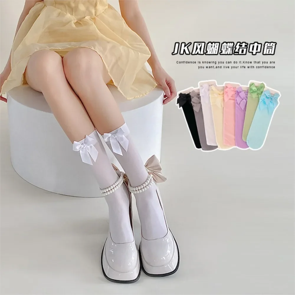 Summer Thin Mid-tube Socks Girls Lace Socks Spring Kids Velvet Bow Candy Color Pile Lolita Stockings Children Sock