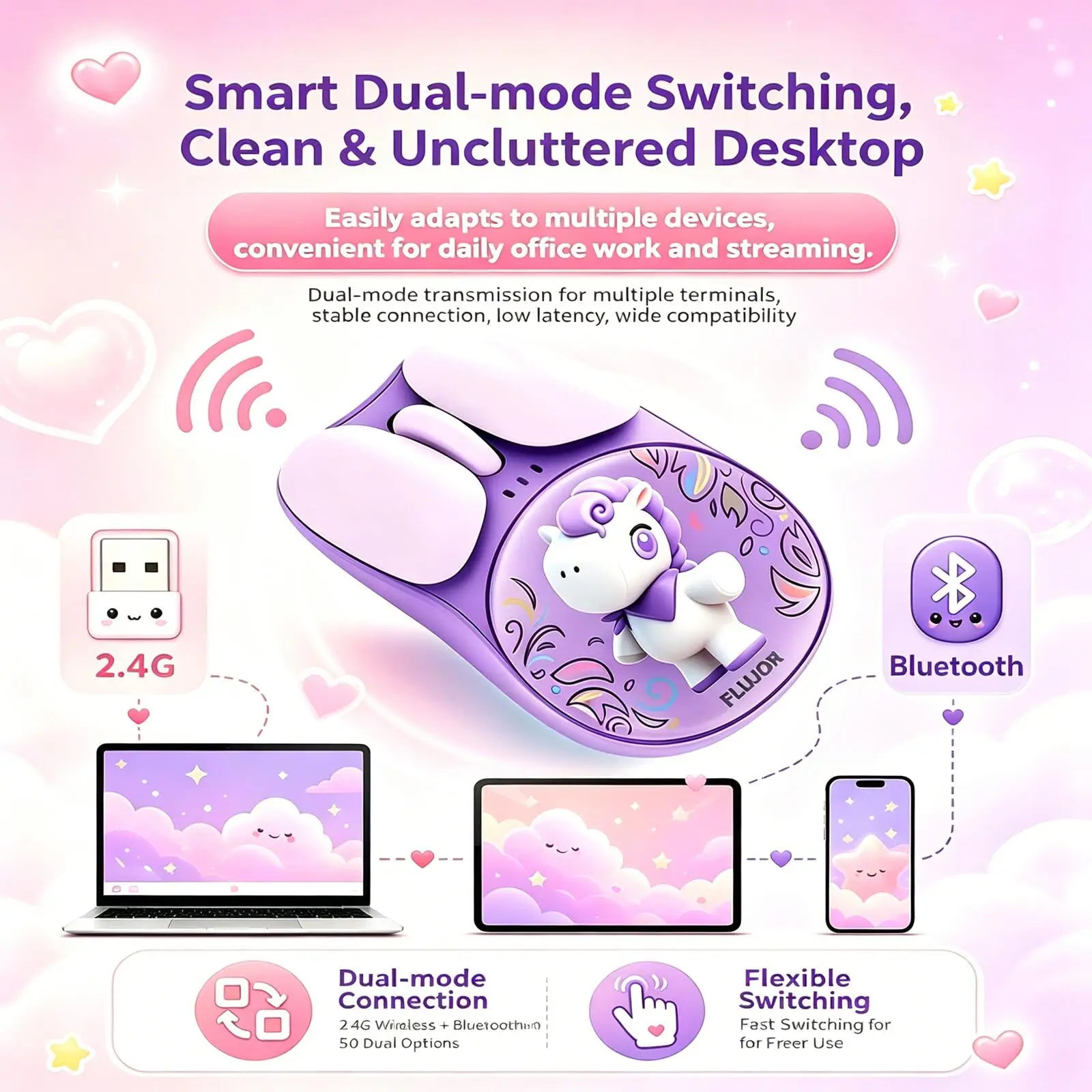 Cute Pony Wireless Mouse Dual-Mode 2.4G+Bluetooth 400mAh Long Standby Lightweight ABS Mice for PC Tablet Phone Office Daily Use