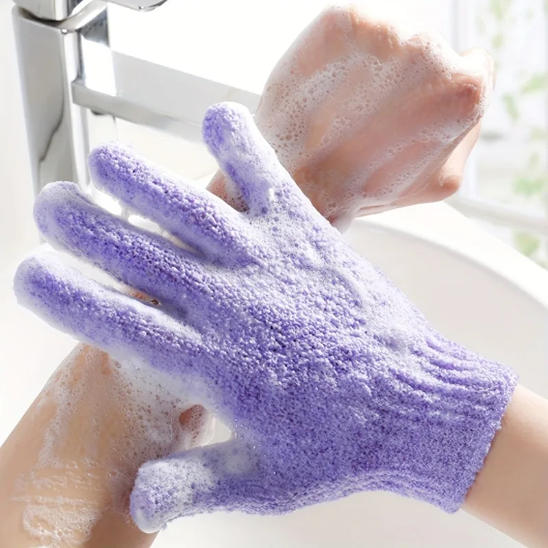 ถุงมืออาบน้ําขัดผิวห้านิ้วสีม่วง - ถุงมือขัดผิวเพื่อการทําความสะอาดและนวดอย่างล้ําลึก เหมาะสําหรับใช้สปาและอาบน้ํา