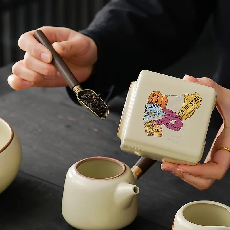 Beige Ru Kiln Kung Fu Tea Set Ceramic Eight Diagrams Teapot Teacups Complete Tea Utensils for Serving Guests Tea Brewing Gift Se