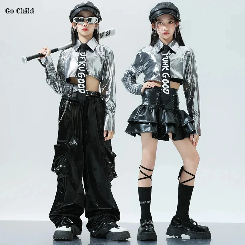Серебряная куртка K-pop для девочек, кожаная многоярусная юбка, штаны-карго, комплект одежды, детские костюмы для уличных танцев в стиле хип-хоп, уличная одежда для детей и подростков