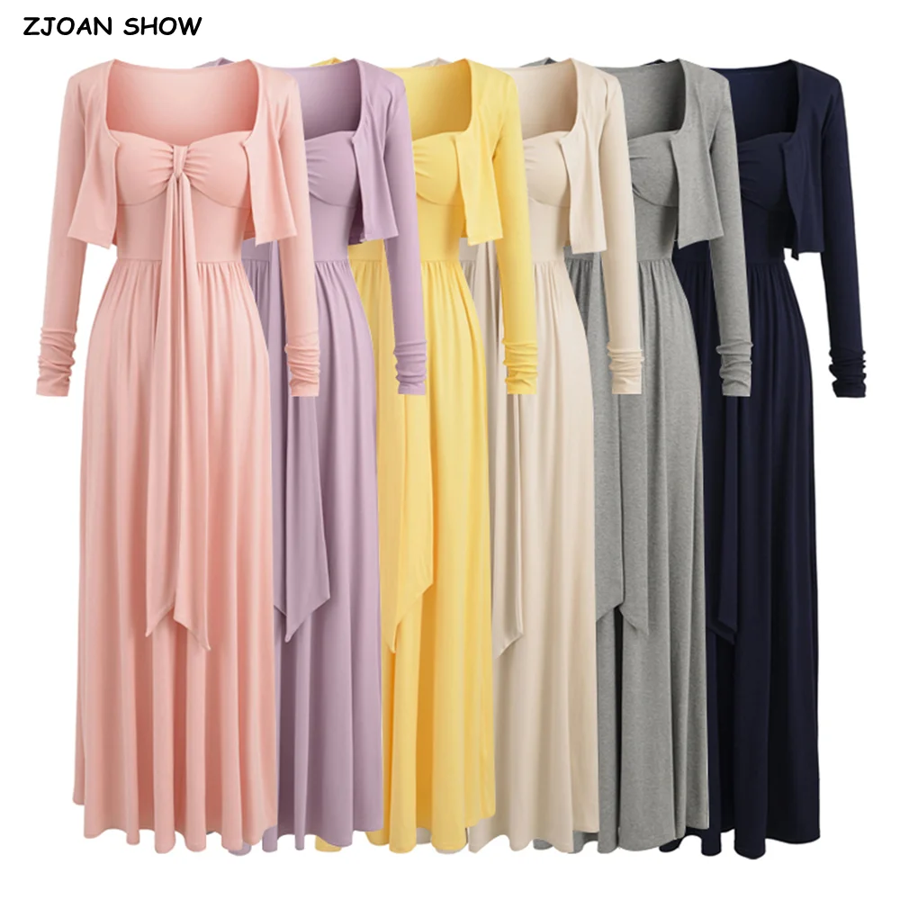 

2 шт. 1 комплект. 2025 сексуальный галстук с бантом и V-образным вырезом с подушечкой для бюстгальтера Складной тонкий свинг-платье с высокой талией Макси-платье с длинным рукавом Укороченная накидка 6 цветов