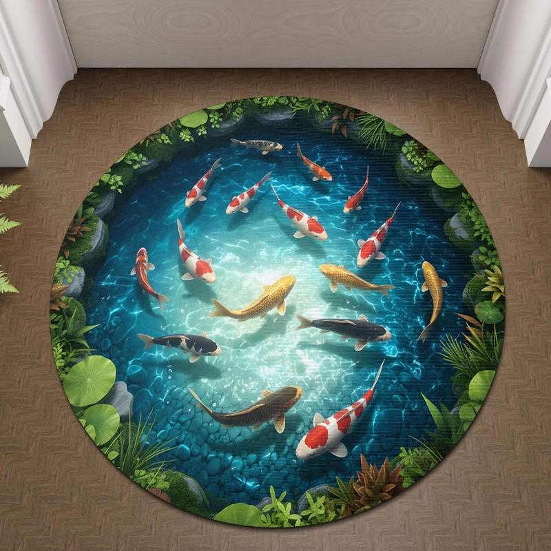 3D Koi Fish Pond Water Garden View graphics Circle Rug,Living Room Sofa,Entryway,Game Room home decor Washable Rug Giftbox