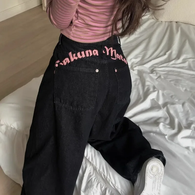 Women's Sweet Casual Full Length Baggy Denim Trouser Retro Emo Harajuku Loose Jeans Letter Embroidery High Waist Y2K 2000s Pants