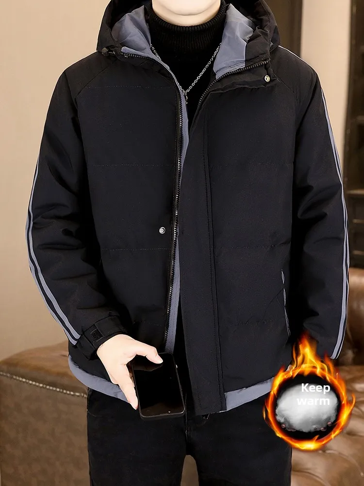 

Men's Winter Thiened Cotton Jaet Faionable Haome Warmth-Resistant Coat Zipper Decoration Long Sve Hooded Youth Trend