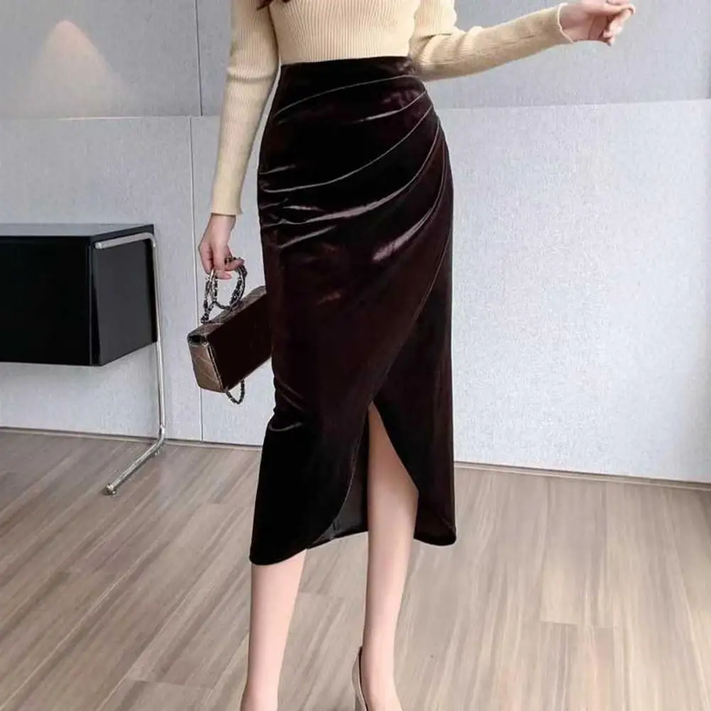 

Women Midi Skirt High Waist Irregular Front Slit Design Golden Velvet Skirt Solid Color Design Autumn Winter Leg-shaping Skirt