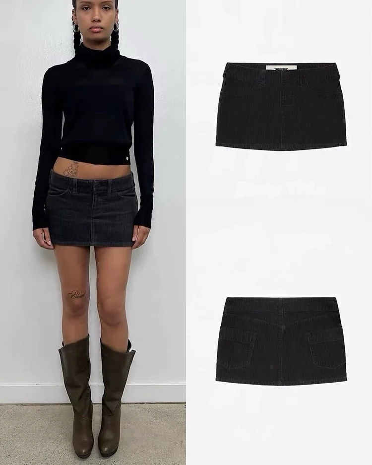 

Черная вельветовая мини-юбка-майка Однотонная универсальная юбка Удобная юбка с запахом на бедрах