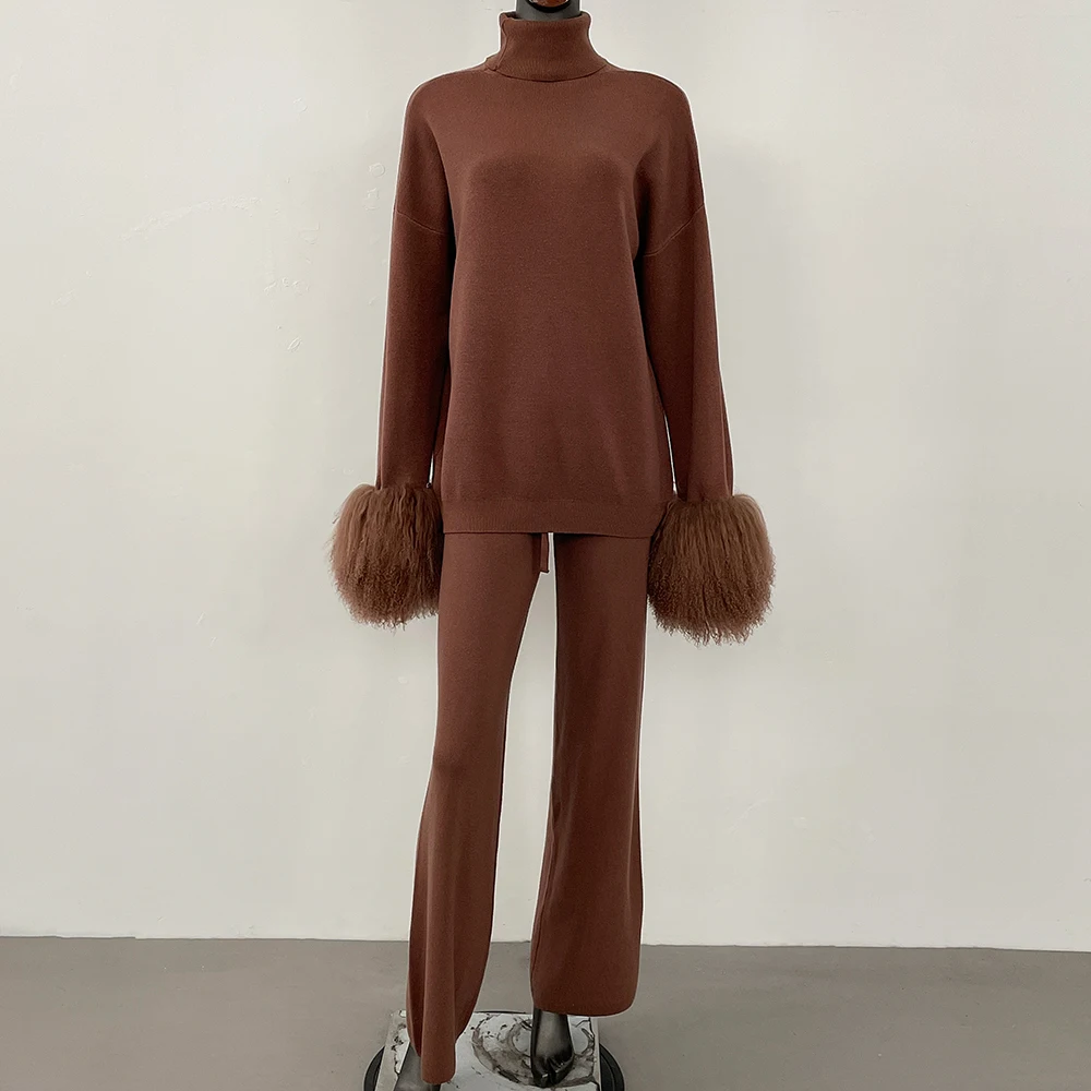 Coat Women Knitted Suit Women's Sweater Set Real Mongolian Sheep Fur Cuffs High Quality Wool & Blend Knitted Pullover and Pants