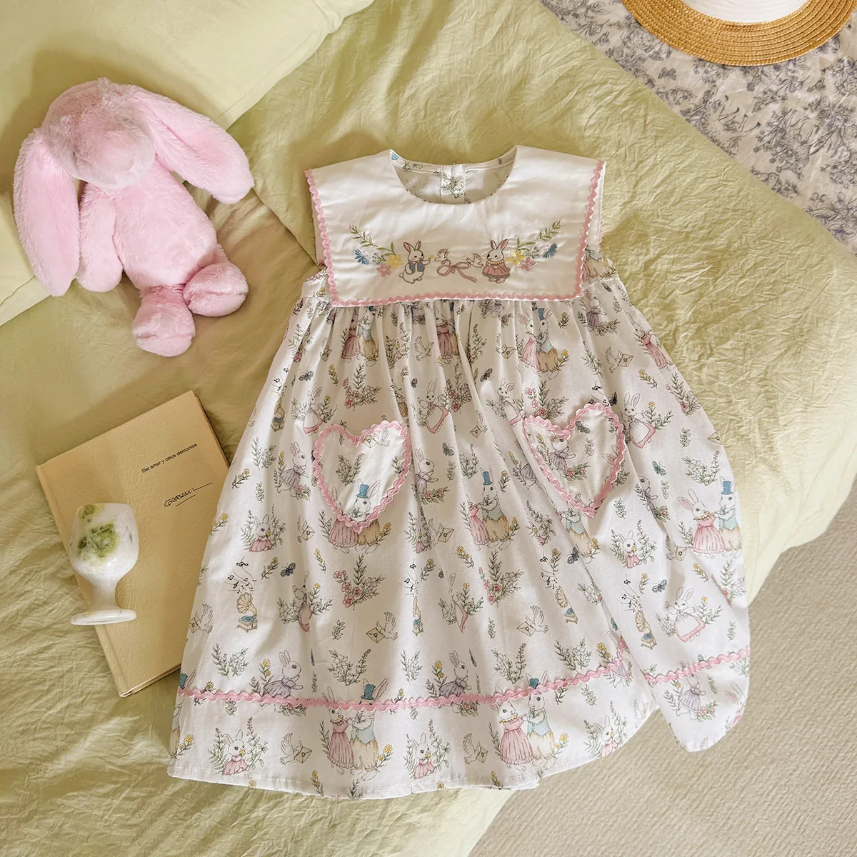 

Children's Bunny Embroidered Lapel Girls Dress Cotton Summer Sleeveless Vest