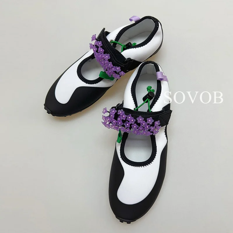 Spring Autumn Crystal Flower Decorative Ballet Shoes Women Color Blocked Breathable Shallow Mouth Flat Bottom Mary Jane Shoe