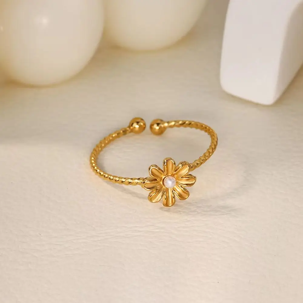 Tiny Small Flower Stainless Steel Women's Ring Gold Color Anti Fading Open Ring Wedding Jewelry Summer Vacation Accessories Gift
