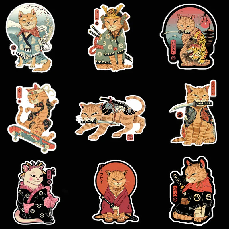 5Pcs 8cm Vintage Samurai Cat Stickers Anime Japanese Warrior Kitten Decals Matte Pegatinas For Laptop Phone Case Car Skateboard