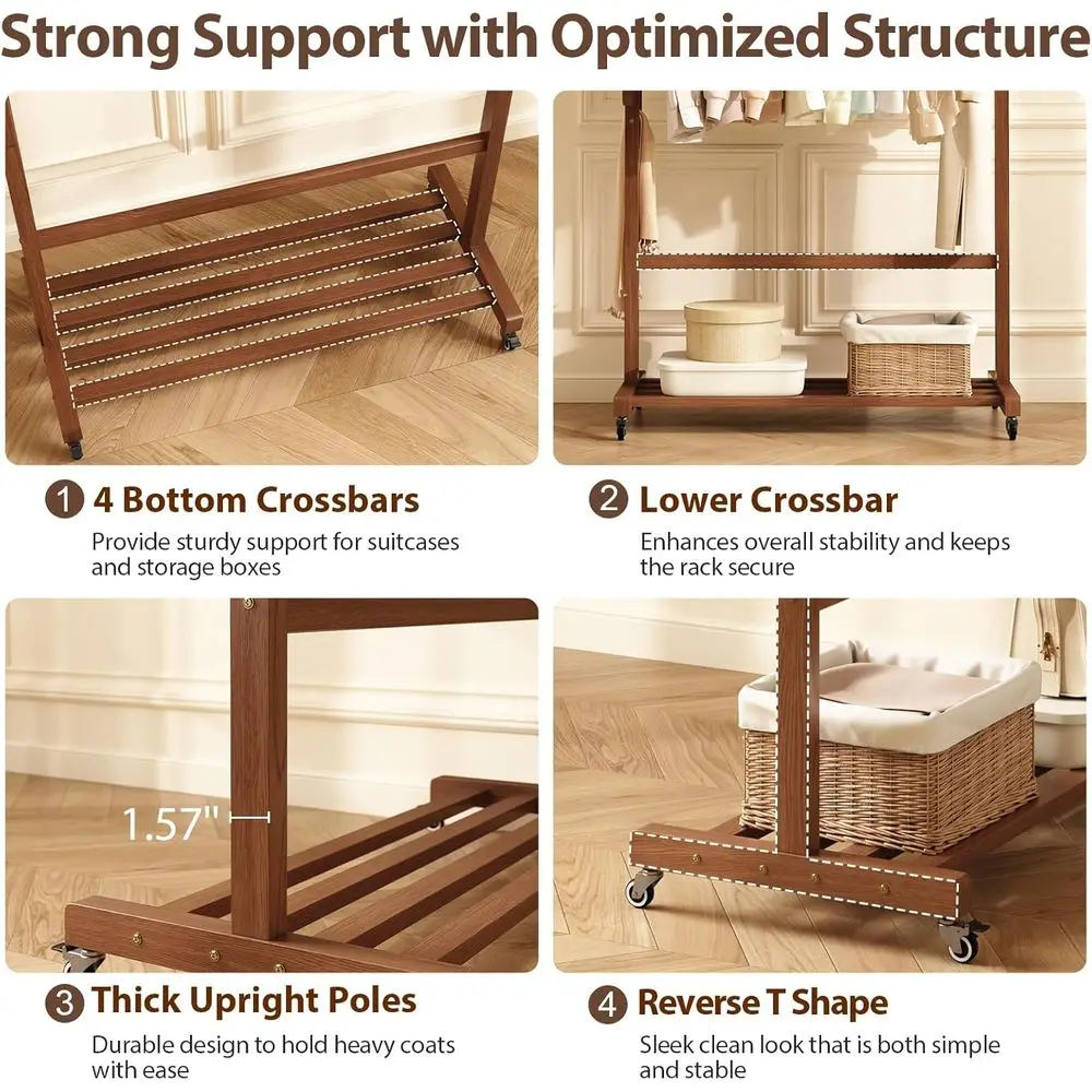 Walnut Heavy Duty Rolling Garment Rack with 6 Hooks and Storage Shelf, Easy Assembly
