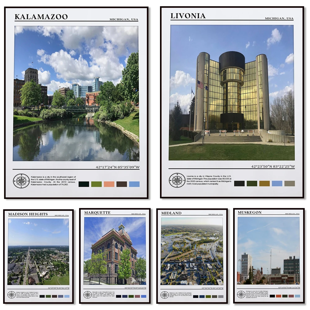 Michigan Travel Poster - New Print Featuring Kalamazoo Livonia Madison Heights Midland Muskegon Saginaw - USA Cityscape Artwork