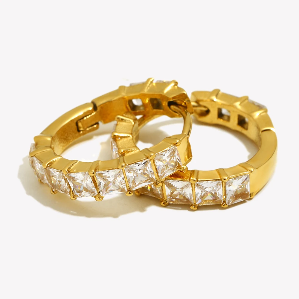 E.B.belle Gold Color Square Shape Rhinestone Round Earring Minimalist Stainless Steel Decoration Jewelry For Women Girls Gifts