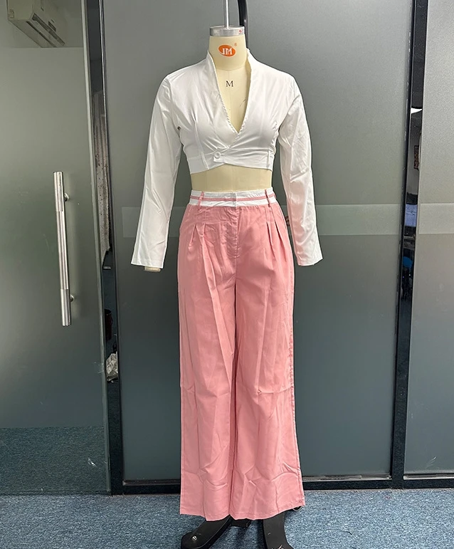 Two Pieces Casual Women Outfits 2023 Autumn/Winter New Fashion Solid Loose V-Neck Top&high Waist Pants Set Temperament Commuting