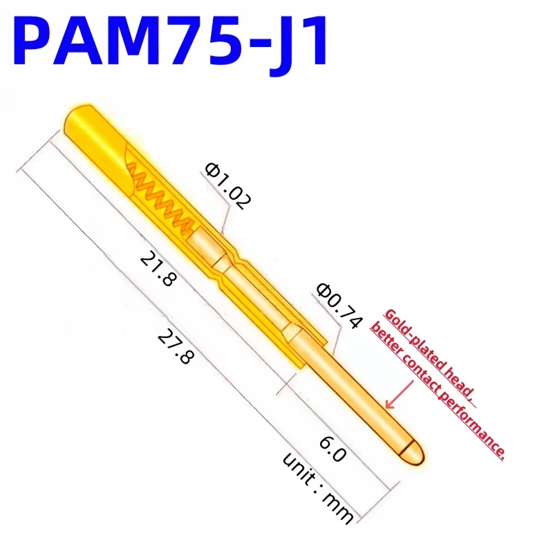 20/100PCS PAM75-J1 Spring Test Probe Test Pin Pogo Pin PM75-J1 PM75-J PCB Test Tool 0.74/1.02/27.8mm Gold Needle Round Tip