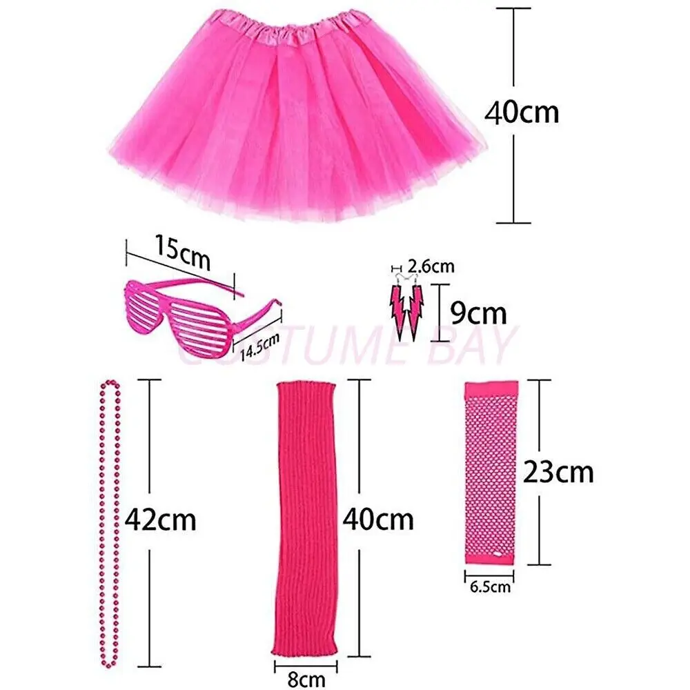 PESENAR Damen Neon 80er Jahre Tutu Rock Kostüm 6-teiliges Zubehör-Set Themenpartykostüm