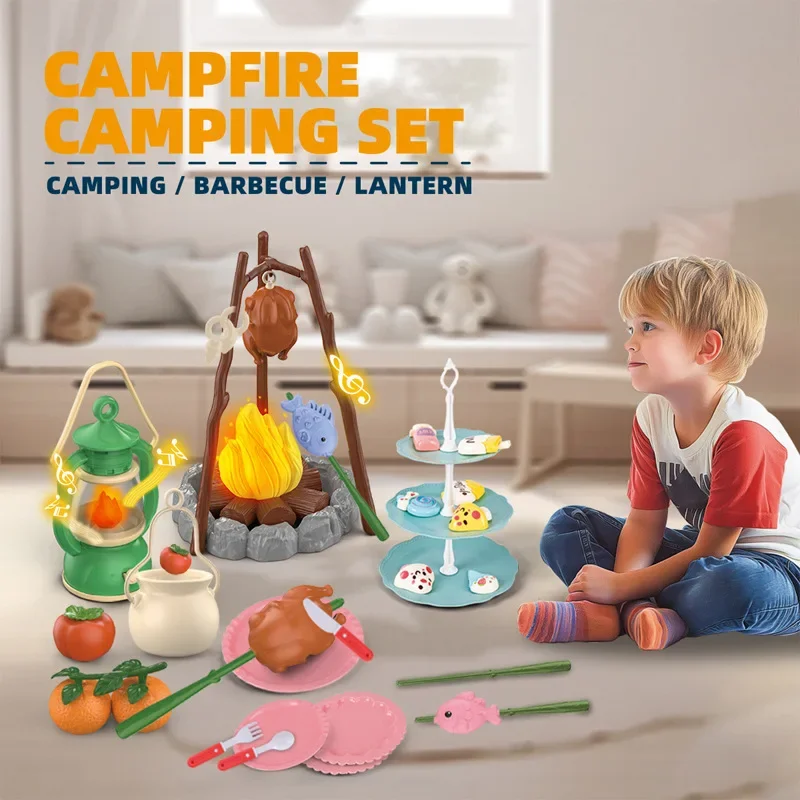 28/26/33/44 peças diy conjunto de jogo de acampamento com comida de fogueira e acessórios para crianças aventuras ao ar livre brinquedos presentes para crianças